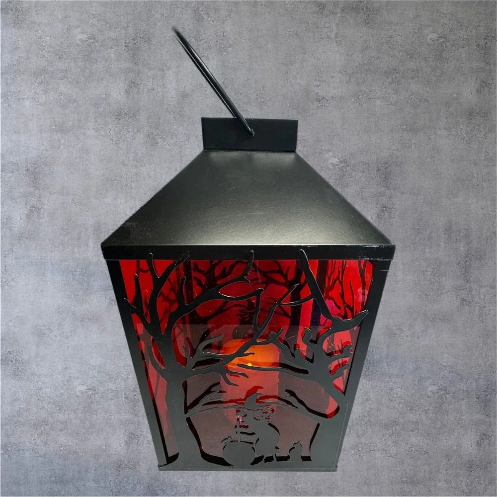 Illumination Halloween Witch Lantern LED Flameless Candle Black Red 13in Spooky